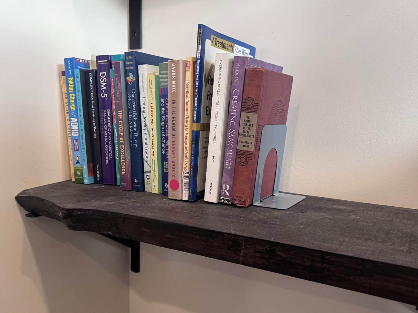 Clinical reference books on a live-edge shelf in Linda's office